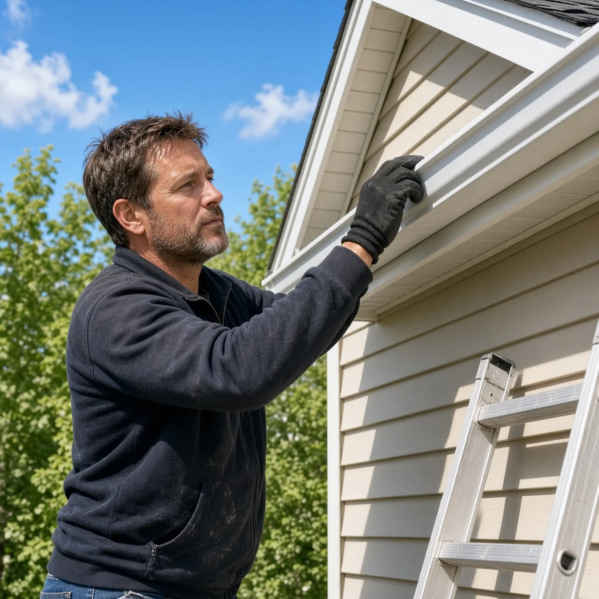 Gutter installer at work on a Plainville, CT home.