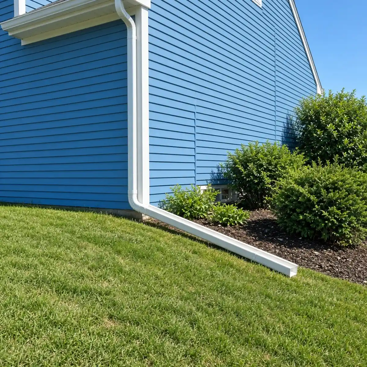 Downspout and extension carrying roof water past the foundation in Plainville.