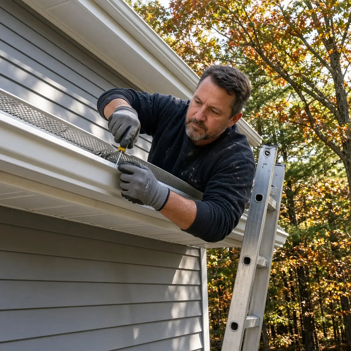 Installer fitting gutter guards on a wooded Plainville, CT lot.