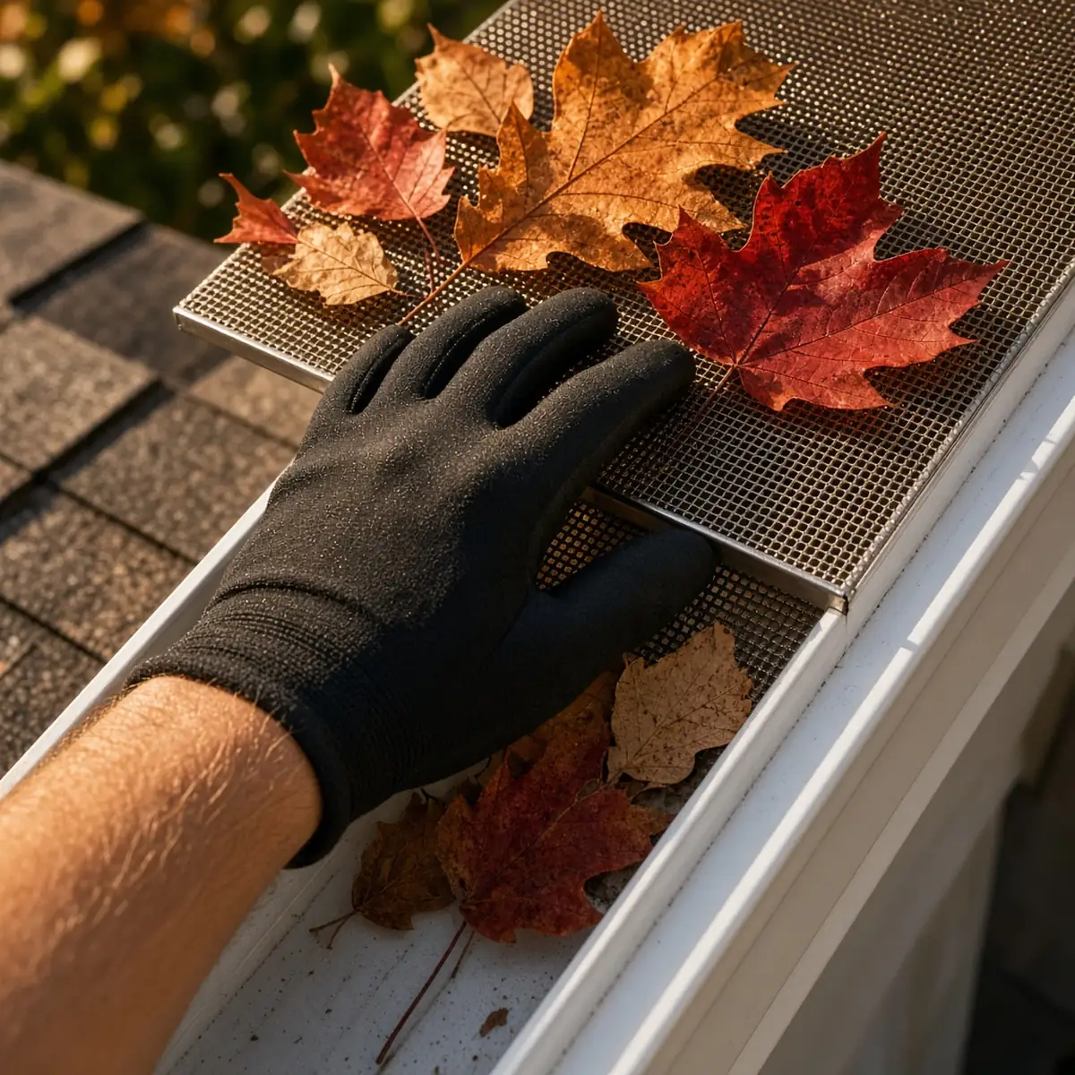 Micro-mesh gutter guard keeping oak and maple leaves out of the trough.
