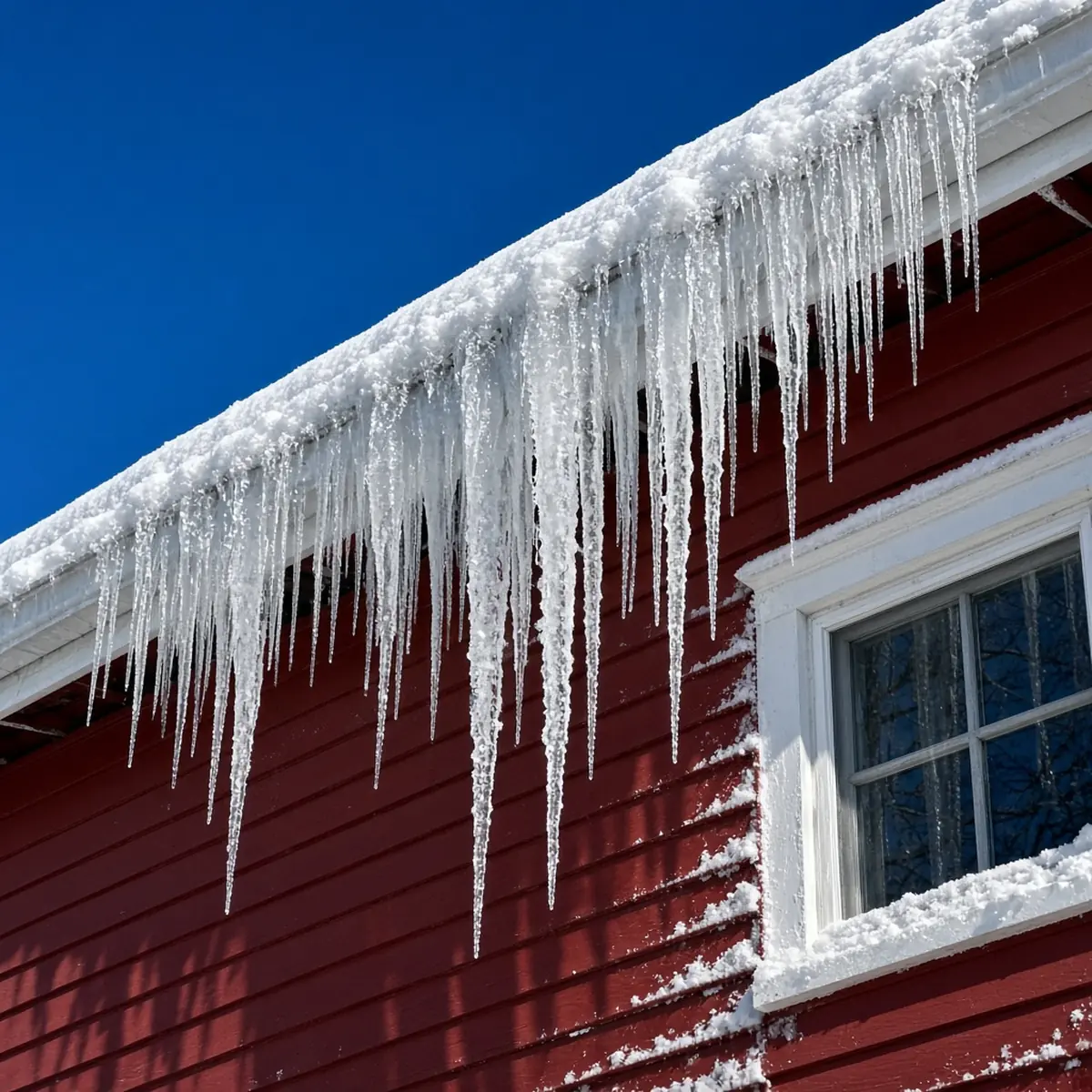 Ice dam and icicles along the gutter of a Plainville home in winter.