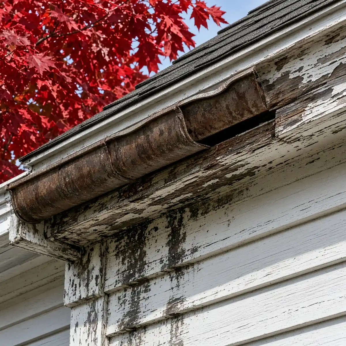 Old sagging, rusted gutter pulling away from the fascia before replacement.